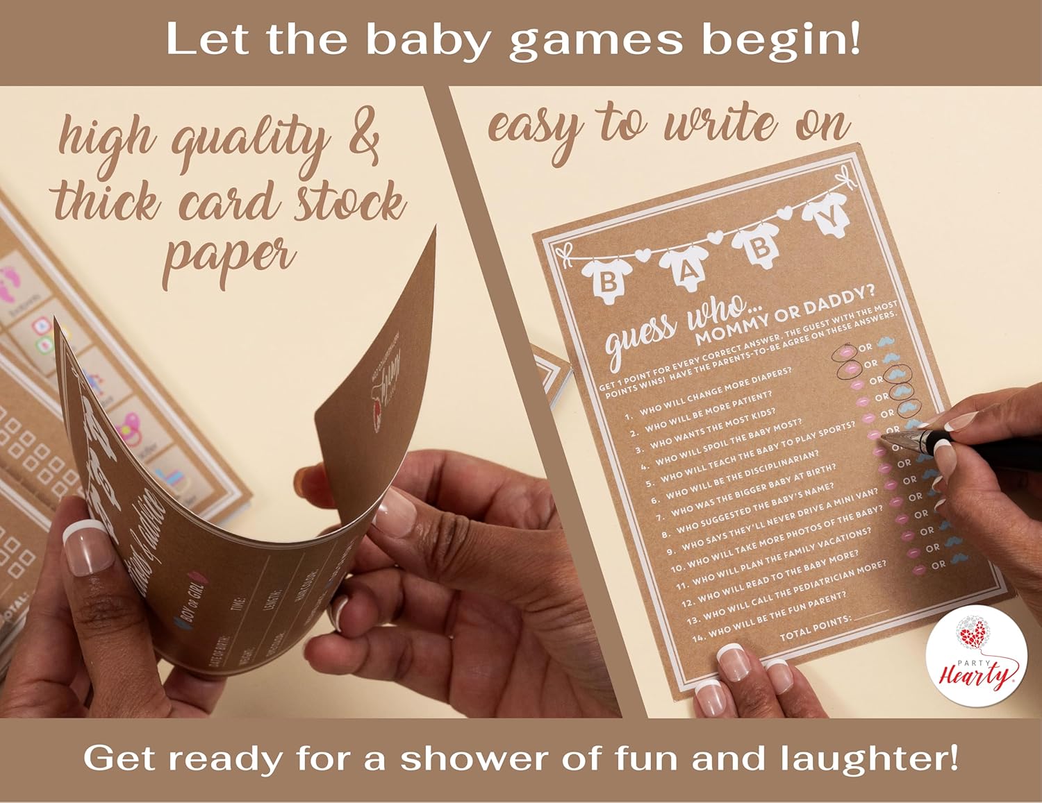 Party Hearty Baby Shower 5 Game Pack, Premium Thick Cardstock - Kraft | 5 Classic Baby Shower Games, 250-Piece Party Pack, Perfect for Baby Showers, Simple & Fun