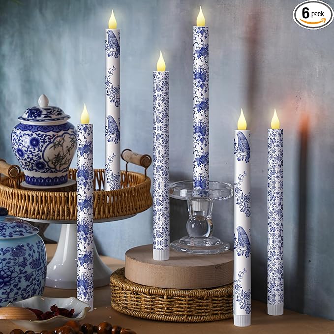 Baquler 6 Pcs Chinoiserie Bird Floral Flameless Candles 10.6 Inch Christmas Blue and White Battery Operated Led Candlesticks Chinoiserie Decor for Christmas Centerpiece Xmas Party Decor Holiday Gifts