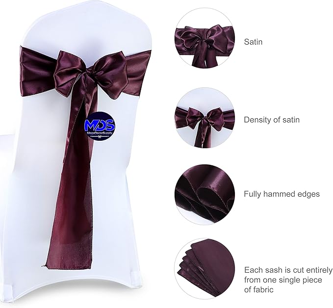 MDS Pack of 125 PCS Satin Chair Sashes Charmeuse Sateen Dining Chair Bows Ribbon Ties Back Sash for Wedding Party Birthday Home Hotel Restaurant Banquet Decoration (7 x 108 Inch, Plum)