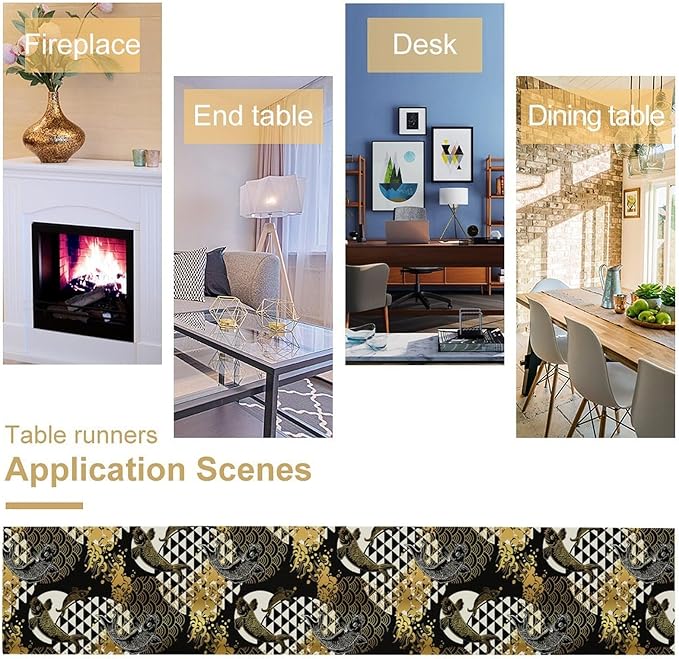 Japanese Table Runner Oriental Tradition Kio Fish Gold Art Printed Burlap Runner Home Kitchen Dining Table Living Room Decor Fabric 1 Panel W13xL60in