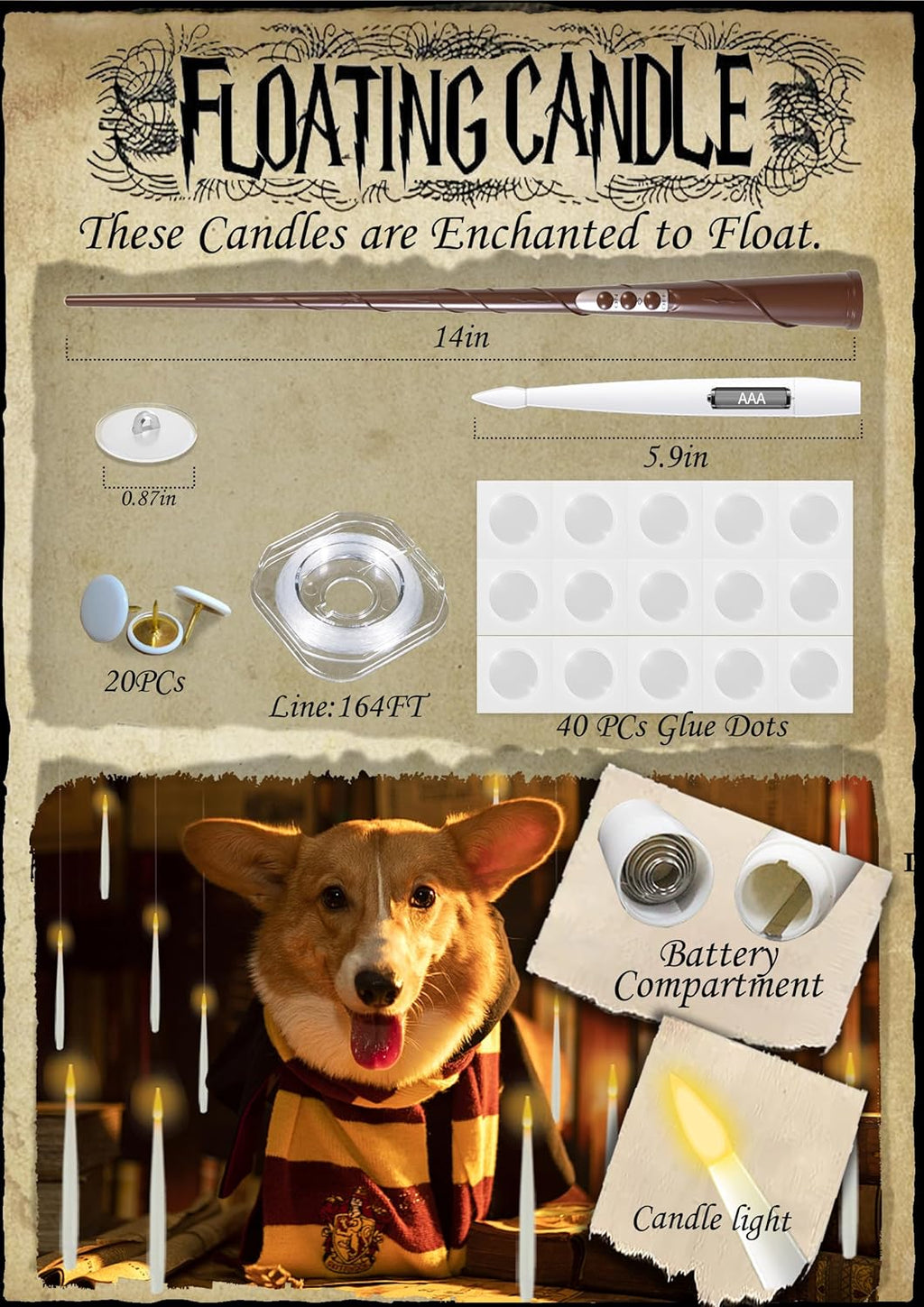 Halloween Decoration Floating Candle with Wand Magic LED Flickering-20PCs | Warm Light Flameless Battery Operated Taper Hanging Candles Set for Birthday Theme Party Gift Classroom Christmas Decor