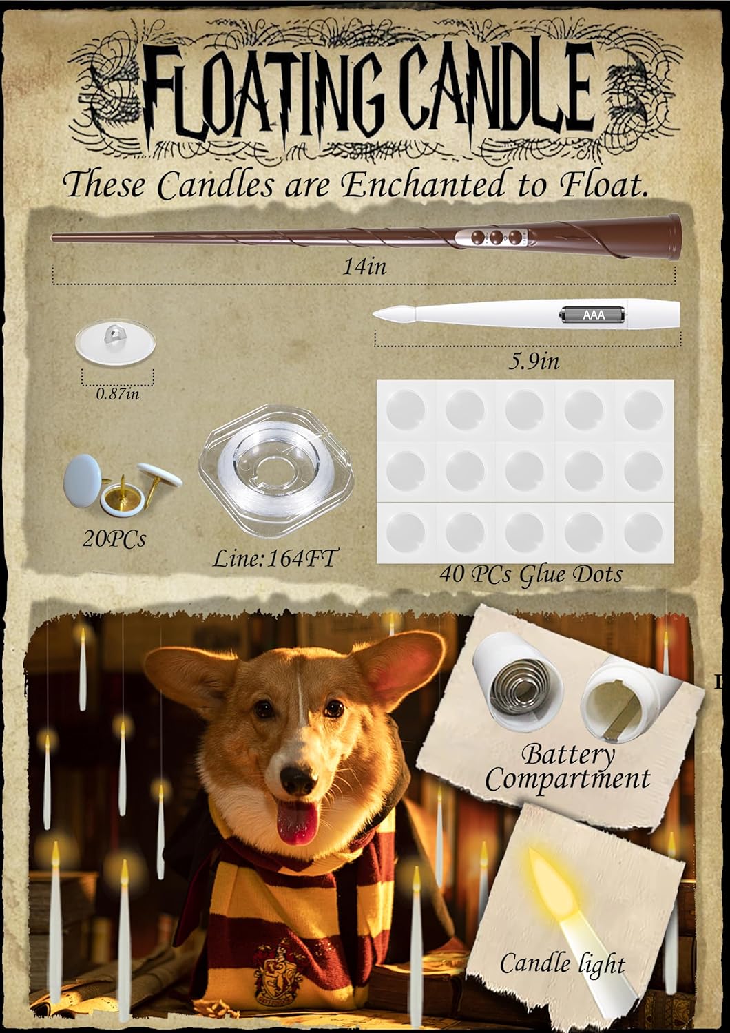 Halloween Decoration Floating Candle with Wand Magic LED Flickering-20PCs | Warm Light Flameless Battery Operated Taper Hanging Candles Set for Birthday Theme Party Gift Classroom Christmas Decor