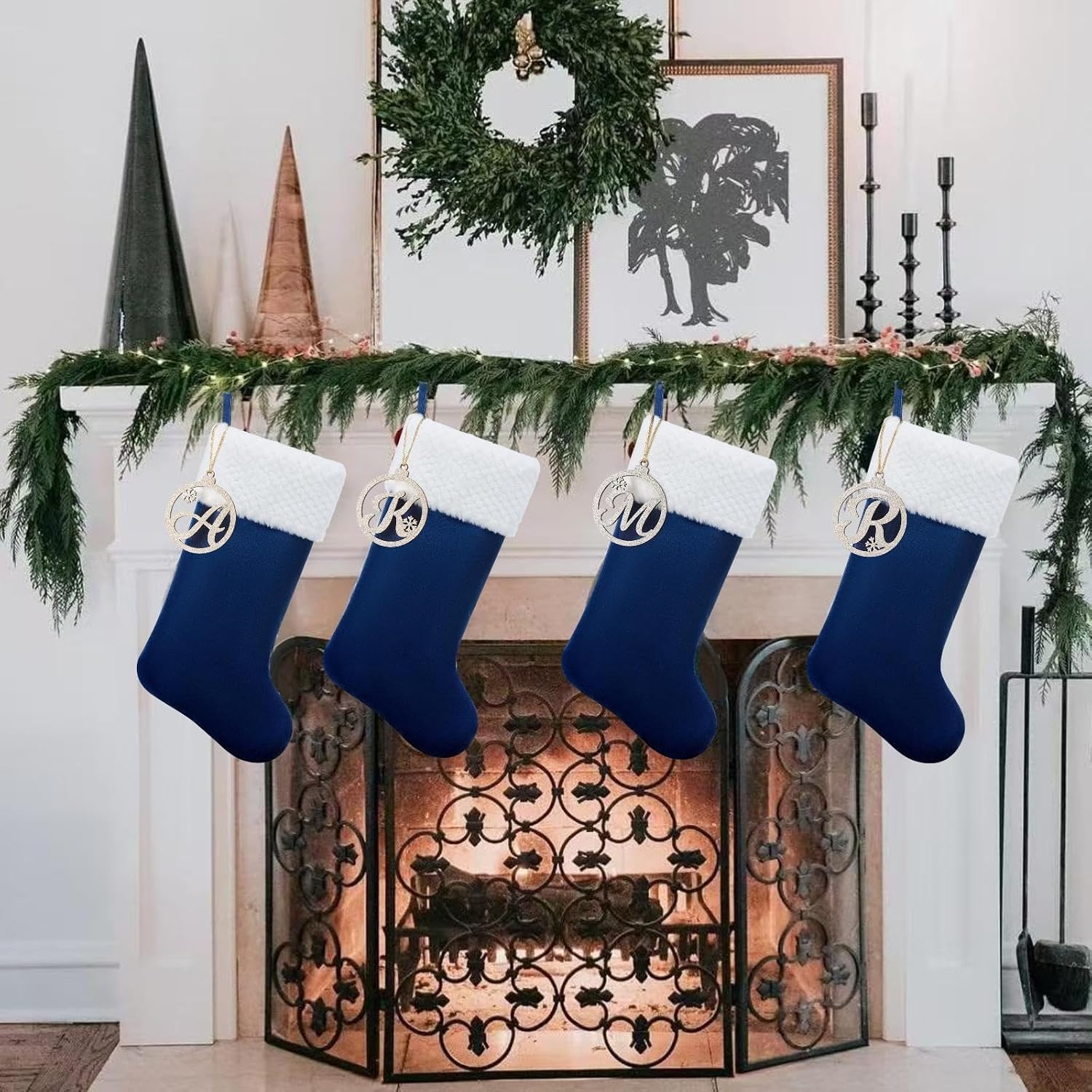 Personalized Christmas Stocking, 19.5 Inch Blue Velvet Christmas Stocking with Gold Wooden Letter Ornament - Fireplace Holiday Decor (Blue paw)