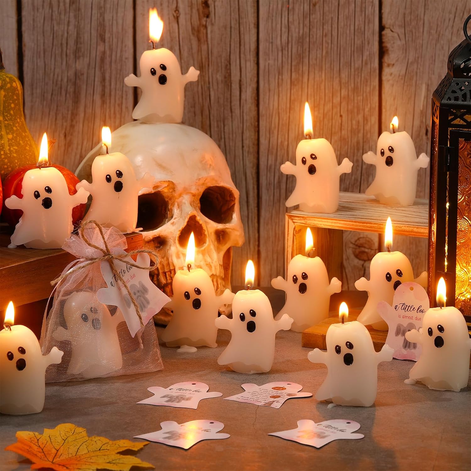 MTLEE 50 Sets Halloween a Little Boo is Almost Du Baby Shower Favors Cute Ghost Candles Unscented with Mini Ghost Thank You Cards Bags for Halloween Boo Gender Reveal Party Supplies (Pink)