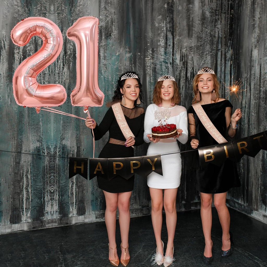 21st Birthday Decorations for Her, Include 21st Birthday Sash and Tiara, Cake Topper and Candles, Number Balloons, 21 Year Old Gifts for Her