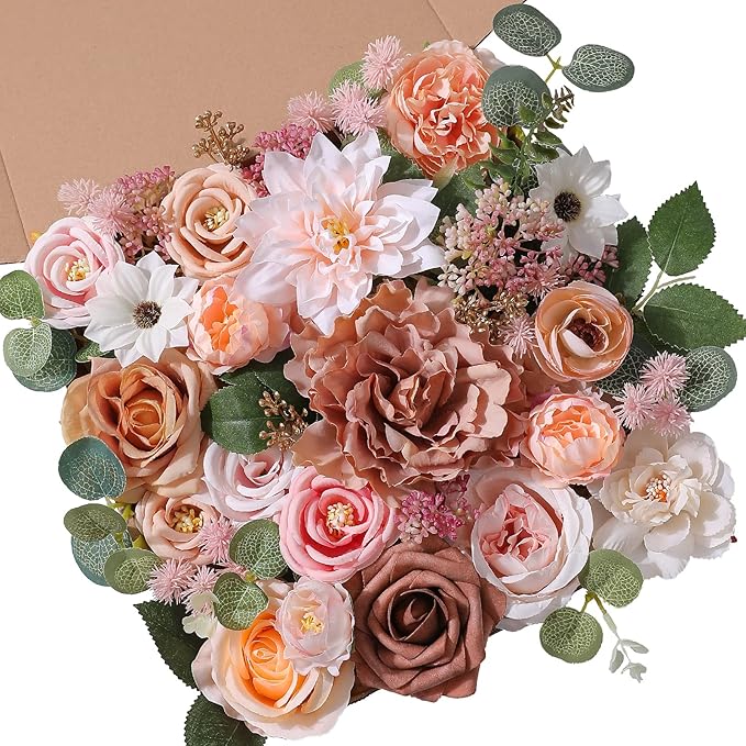SERRAFLORA Artificial Flowers Combo Box Set Faux Flowers Bulk Flower Leaf with Stems for DIY Wedding Bouquets Centerpieces Baby Shower Party Home Decorations(Champagne Pink)