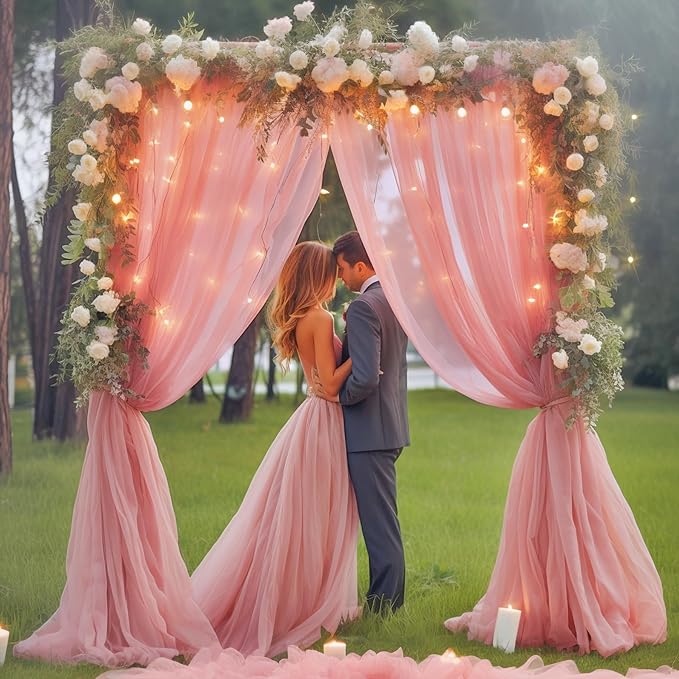 10×10ft Dusty Rose Tulle Backdrop Curtain with Lights String for Parties, Sheer Photo Curtain Backdrop Drapes for Wedding Party Photography Backgrounds