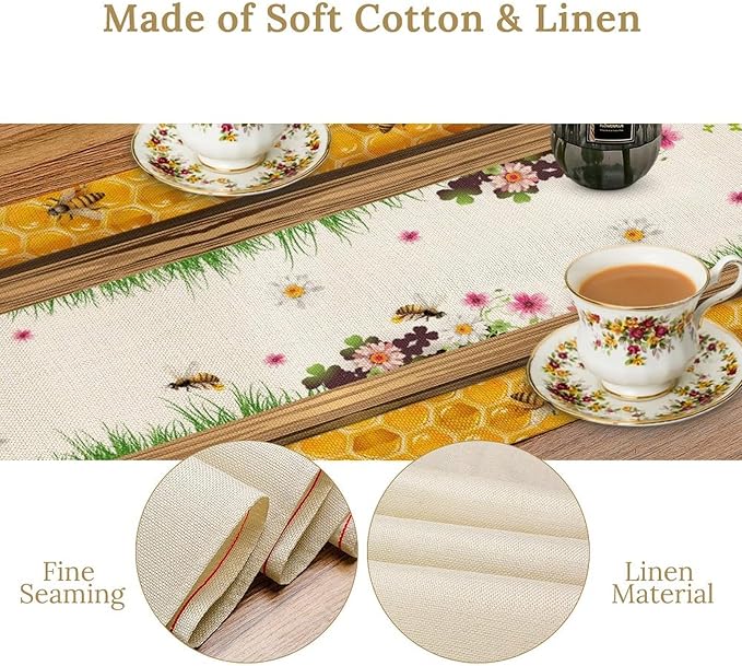 Watercolor Honeycomb Table Runner, Farmhouse Spring Summer Autumn Fall Floral Daisy Bee Print Kitchen Dining Table Decoration for Home Party Decor, 13x120inch