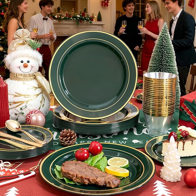 175PCS Green Plastic Plates - Green and Gold Disposable Plates 25Guests Plastic Christmas Plates with Rolled Napkins for Birthday/Christmas
