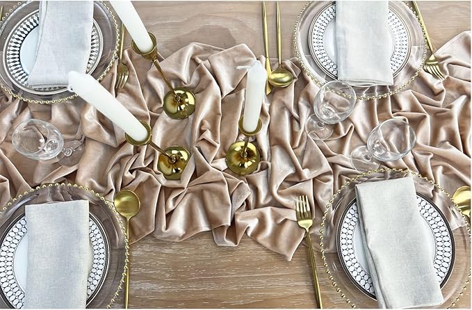 Luxurious Velvet Table Runner, 10ft Wedding Reception Decorations, 20x120inch Soft Velvet Fabric, Table Linen Overlay, Wedding Table Runners (Champagne, 20X120inch)