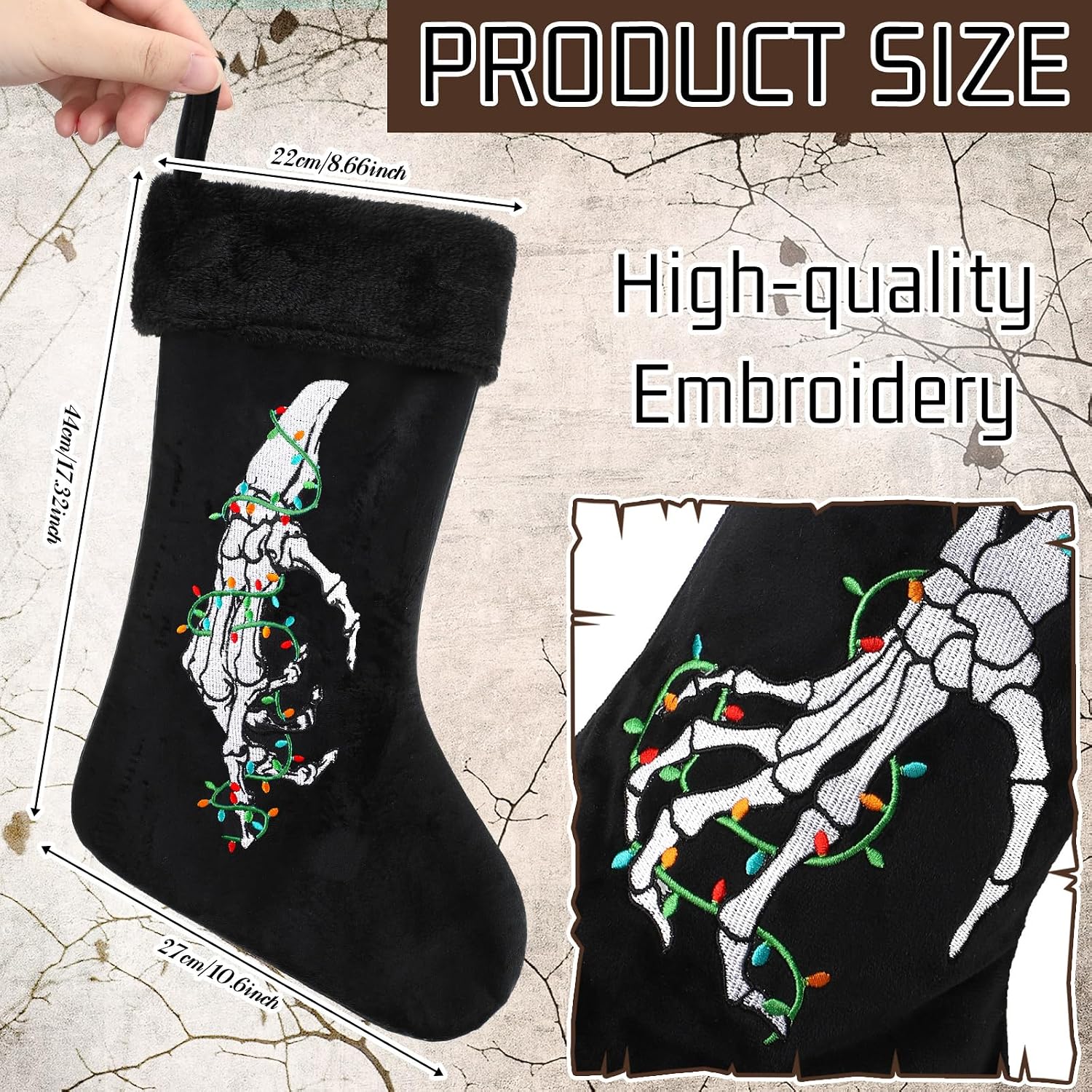 2 Pcs Gothic Christmas Stocking Black Velvet Stocking Goth Xmas Skeleton Hand Embroidered Stockings Hanging Ornaments Santa Candy Gift Bags for Christmas Home Decorations(Light)
