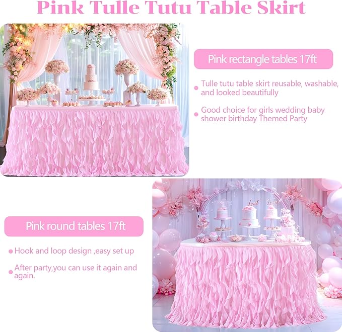PARTISKY Pink Tulle Curly Willow Table Skirt for Rectangle Table 17ft, Ruffle Tutu Table Cloth for Girls Baby Shower,Birthday Party Candy Cake Tables