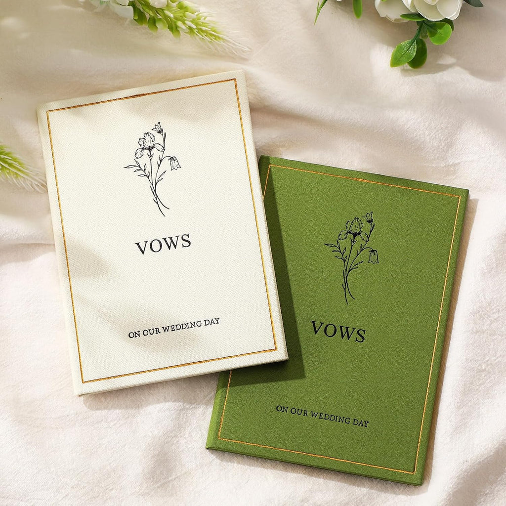 Engrowtic Set of 2 Wedding Vow Books His and Hers Vows on Our Wedding Day Notebooks with Gold Foil Fabric Cover 5.8"x 4.1" Bride and Groom Gift for Newly Engaged Couple, 60 Lined Pages(Green, Beige)