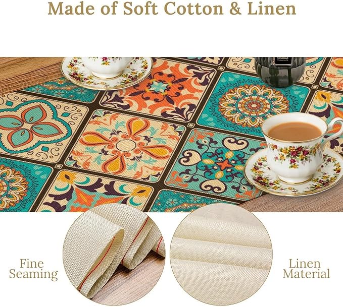 Bohemian Patchwork Table Runnerboho Colorful Tile Patchwork Indian Floral Print Table Runner for Home Kitchen Indoor Outdoor Party Wedding Decor, 13x36inch