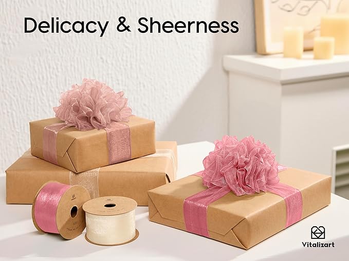Vitalizart Organza Ribbon 1.5" x 30 Yd Pink Rose Gold & Cream White Sheer Ribbons for Gift Wrapping Crafts Christmas Wreaths Bows Party Decor Wedding Bouquet
