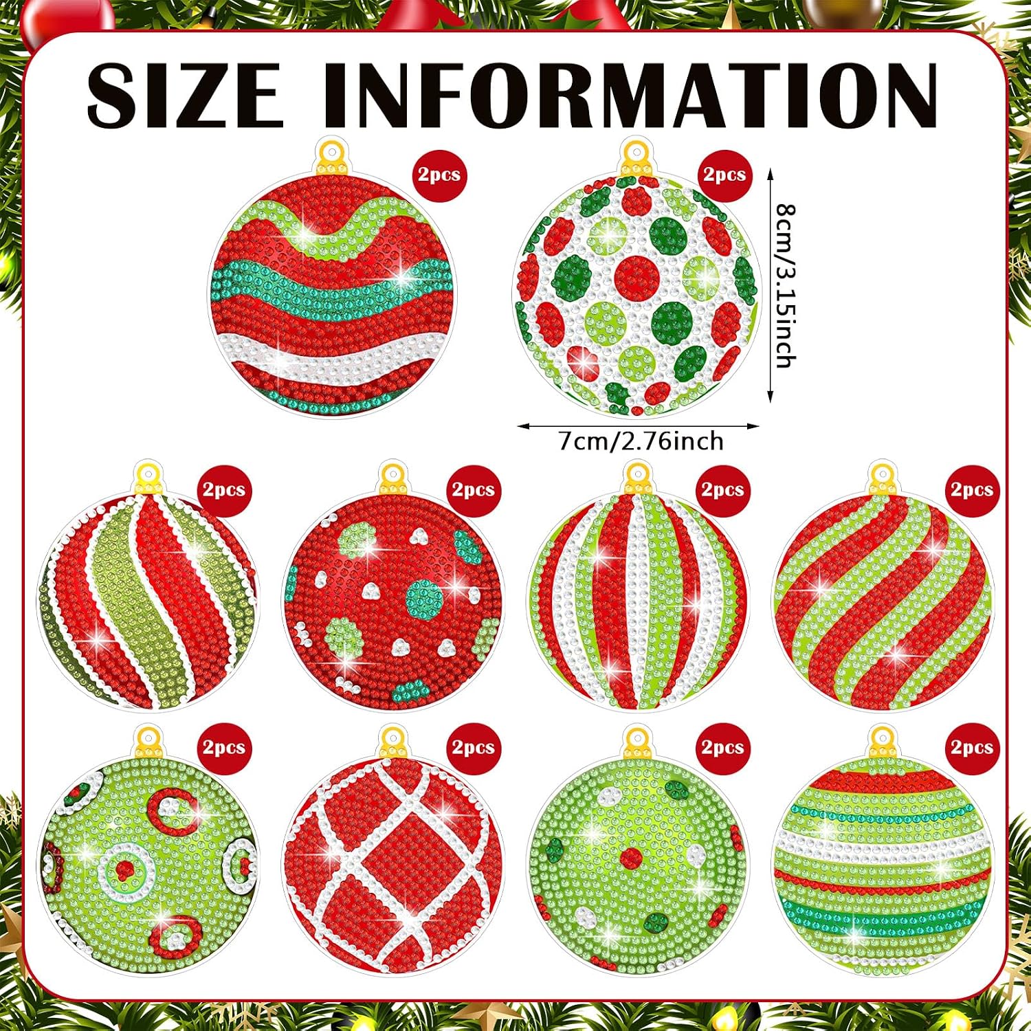 Realspring 20 Pieces Christmas Ball Diamond Art Ornaments Lime Green and Red Diamond Painting Tree Decorations 5D Hanging Xmas Diamonds Art DIY Christmas Kits for Adults Crafts Party Favors