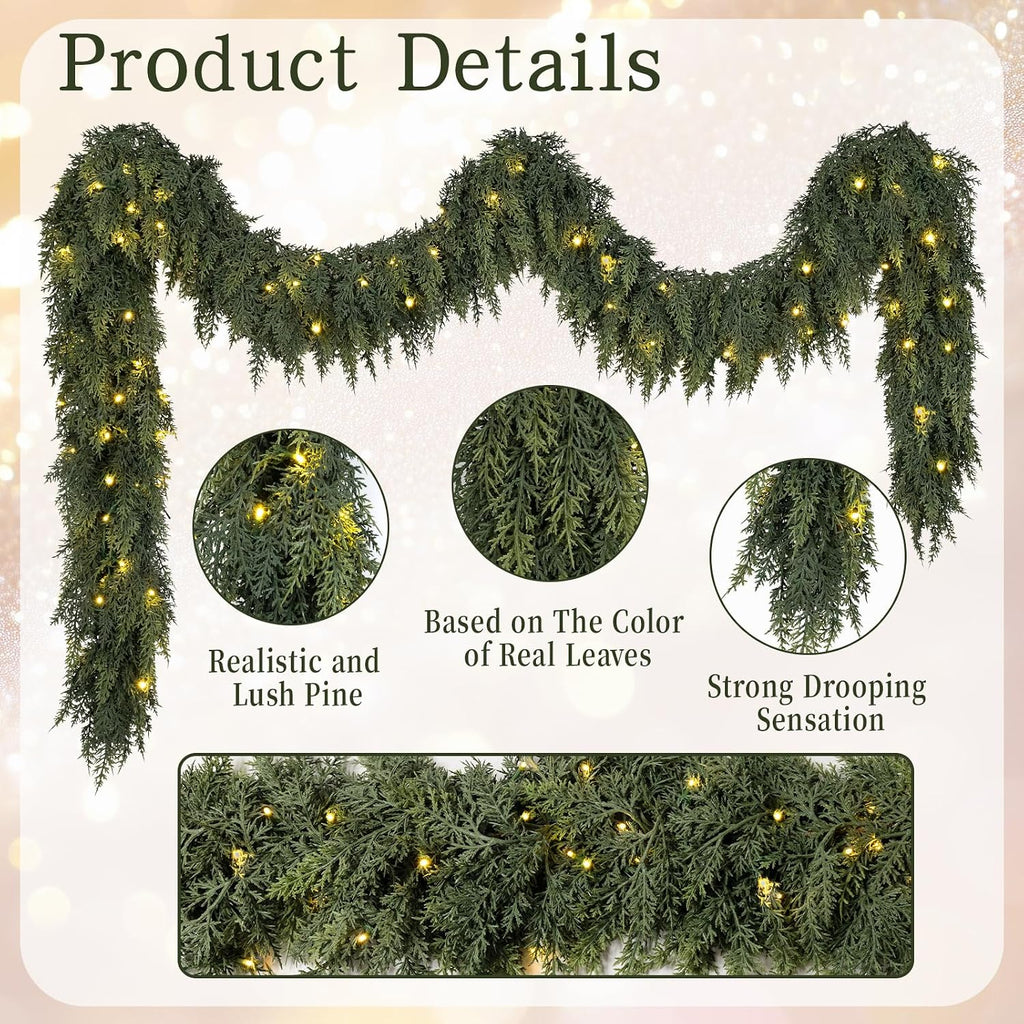 9ft pre-lit christmas garland with lights cedar garland, close-up detail