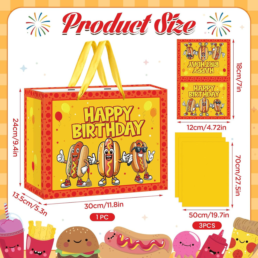 Cartoon Hot Dog Birthday Gift Bag Funny Hot Dog Themed Birthday Wrapping Paper Bag with Tissue Paper Card for Kids Adults Picnic BBQ Sausage Food Snacks Hotdog Bday Baby Shower Party Supplies