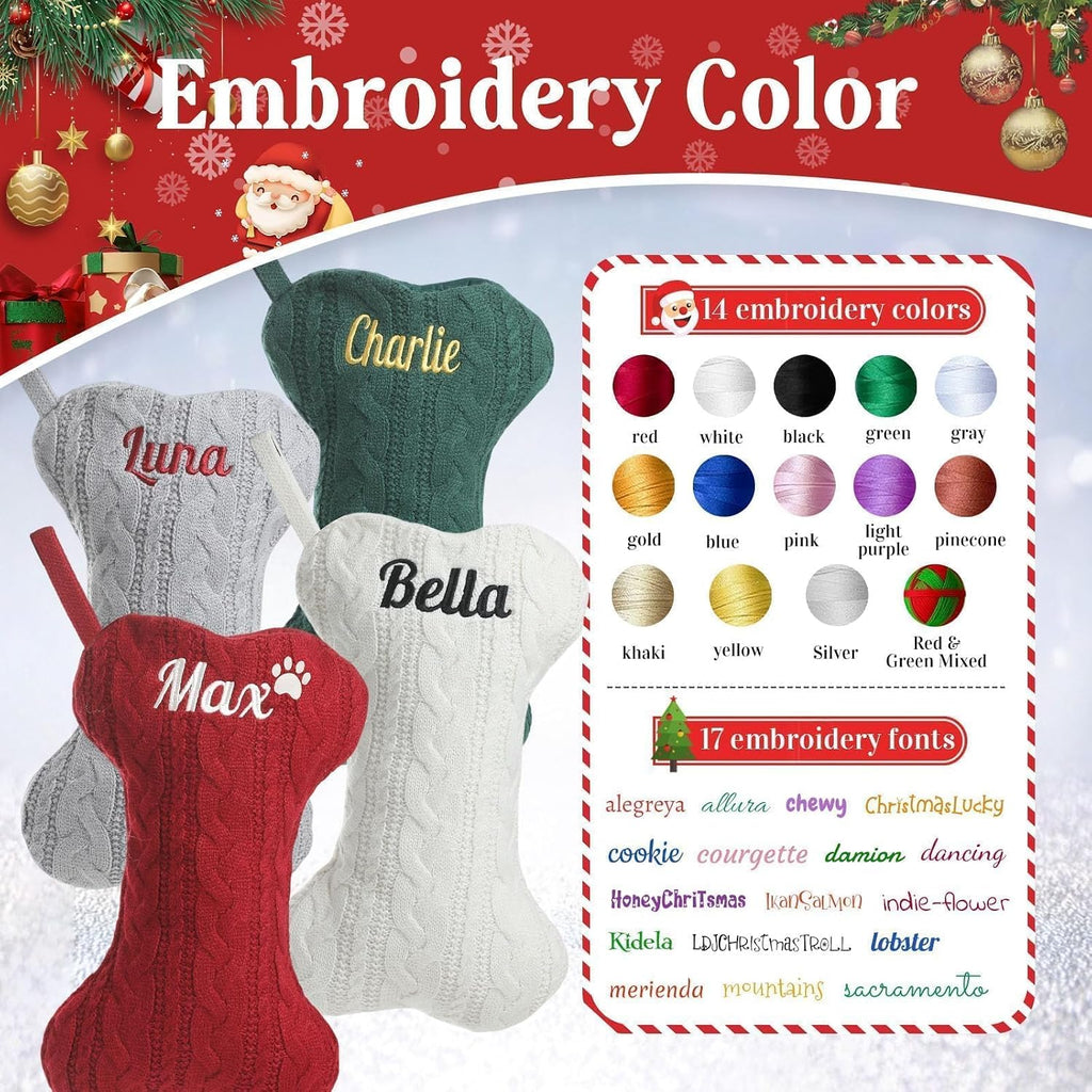Personalized Dog Christmas Stockings - Custom Embroidered Pet Name & Bone Shape Stocking for Doggie, 15.7” Large Knit Monogram Xmas Stockings for Fireplace Holiday Decor Gift(1 Pack)