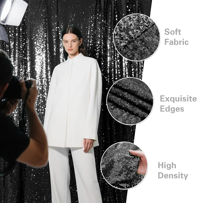Black Sequin Backdrop Curtain 2 Pieces 2FTx8FT Glitter Photography Backdrop for Party Wedding Birthday Christmas Decorations
