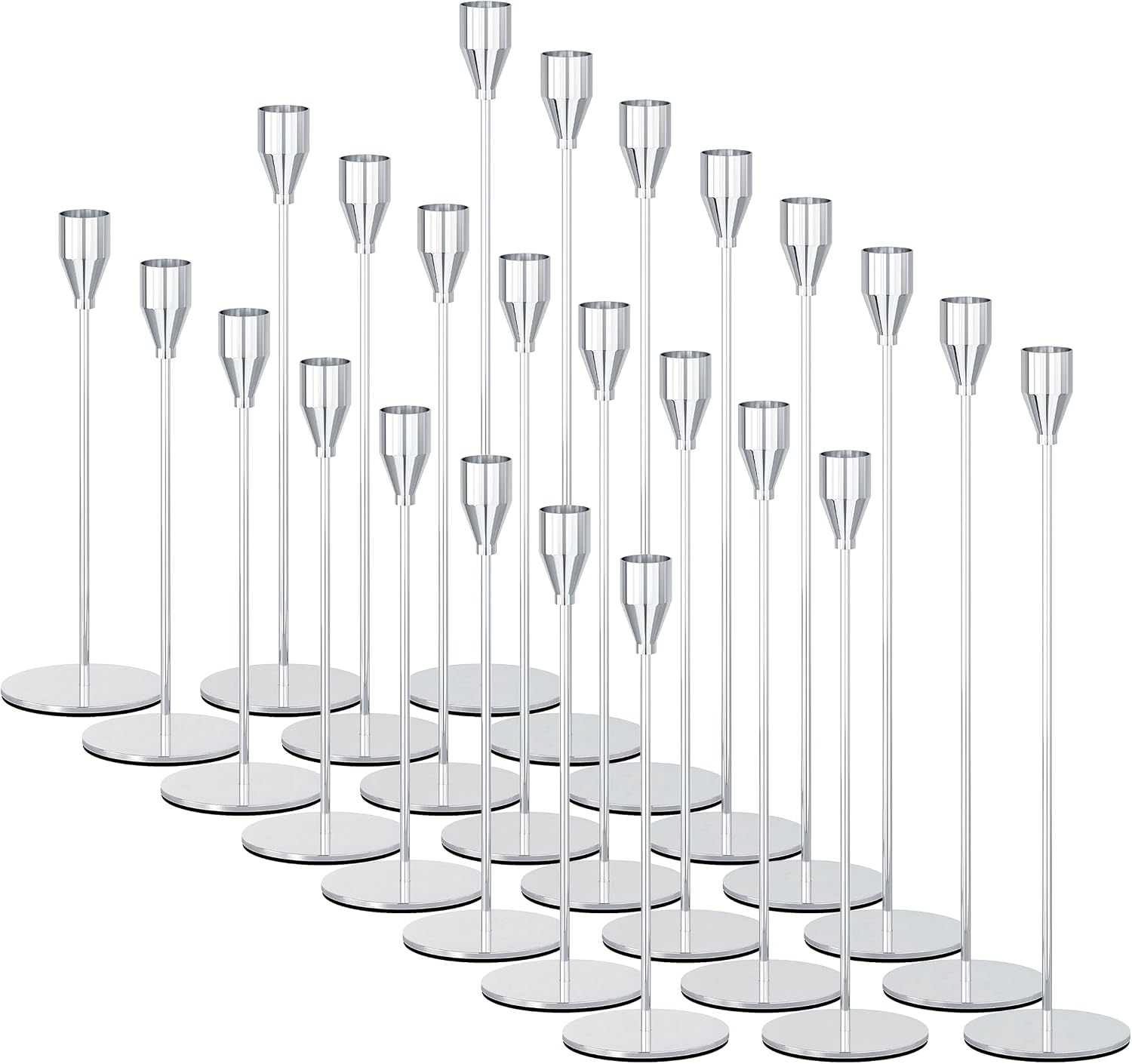 NLBTW Set of 24 Silver Taper Candle Holders for Wedding Party Decor | Modern Tall Metal Candlestick Holder Bulks Set for Banquets, Christmas Tables, Mantels and Event Decor
