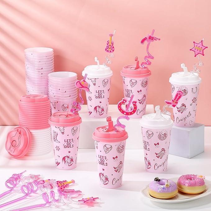 Yungyan 36 Sets Pink Cowgirl Party Favors Goodie Cups with Lids and Straws for Halloween Party Decorations Reusable 16oz Plastic Candy Cups Plastic Straws for Birthday Gift(Pink Cowgirl)