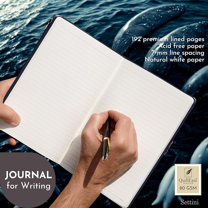 SETTINI Lined Journal, Ideal for Journaling - A5 Vegan Leather Notebook, 192 Archival-Quality Pages, QuillEase Bleed-Free Paper, Inner Pocket & Bookmark - Whale Gifts for Women & Men, Navy Whale