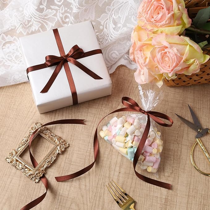 LaRibbons Brown Ribbon 3/8 Inch 25 Yards Luxury Double Faced Friar Brown Silk Ribbon for Flower Bouquet Crafts Gift Wrapping Wedding Party Decoration