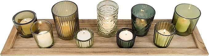 Creative Co-Op Wood Tray with 9 Green Glass Votive Holders