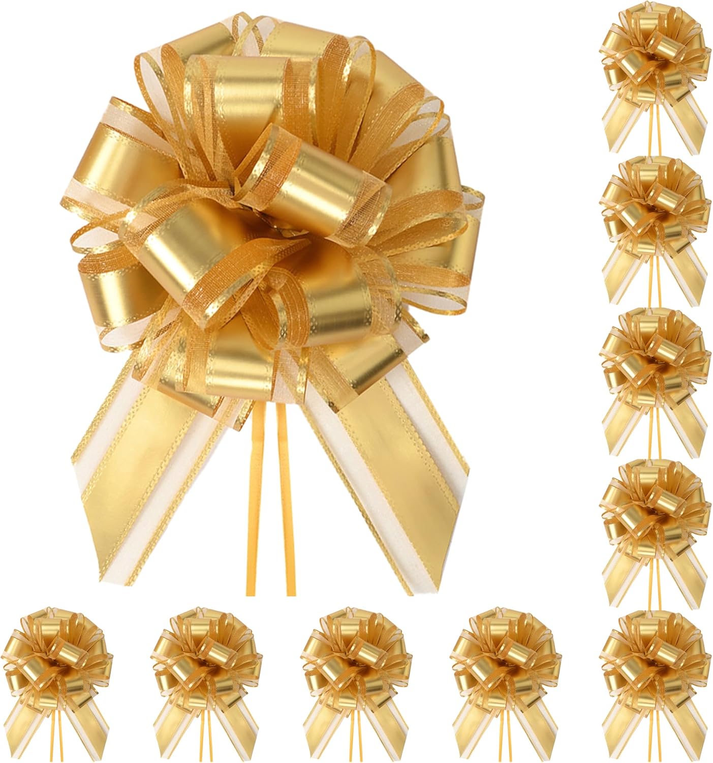 10-Pack Metallic Gold Pull Bows for Gift Wrapping - 6 Inch Reusable Ribbon Bows, Large Instant Floral Decor Bow for Wedding, Christmas, Birthday Decor, Gift Basket & Party Decorations