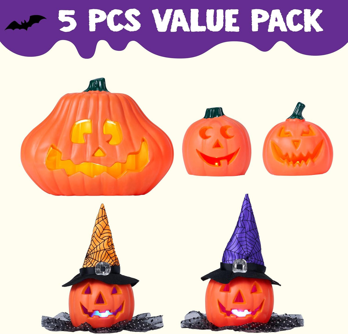JOYIN 5 Pcs Light Up Halloween Pumpkin Decorations Jack O Lantern Decor, Plas...