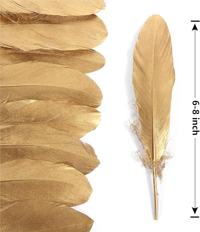THARAHT 120pcs Gold Goose Feathers Natural Bulk 6-8 inch 15-20cm for Crafts DIY Cosplay Wedding Party Halloween Decoration Goose Nagoire Feathers