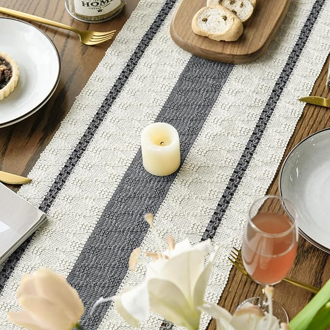 Artoid Mode Dark Grey Farmhouse Woven Rustic Table Runner, Seasonal Holiday Hollow Kitchen Dining Table Decoration for Home Party Decor 12x36 Inch