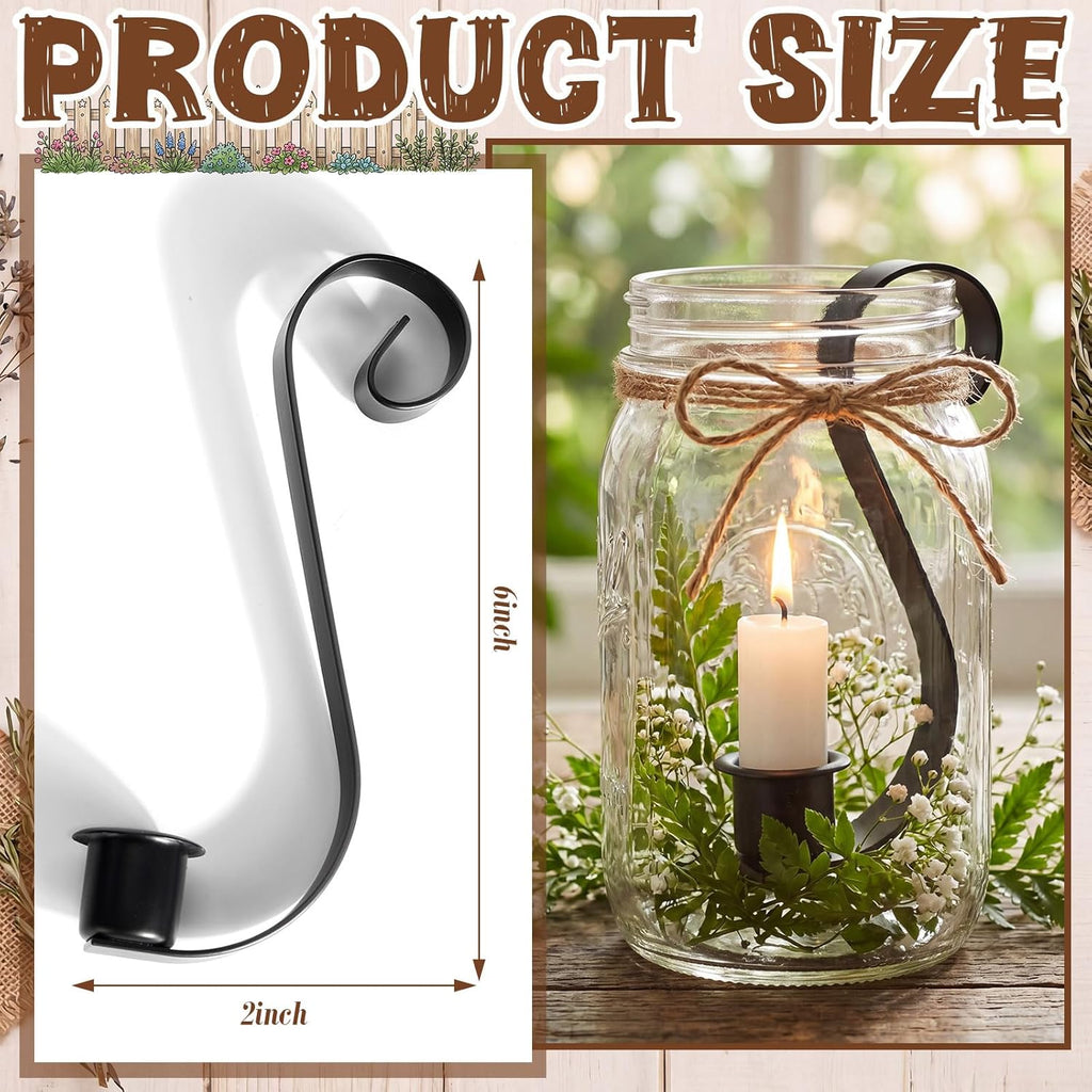 Mason Jar Taper Candle Holder Insert, 2 Pack Farmhouse Iron Hook Candle Holders for 2qt Jars, Rustic Vintage Wedding Table Centerpiece, Fall Home Decor Fit Glass Vases(2 x 6)