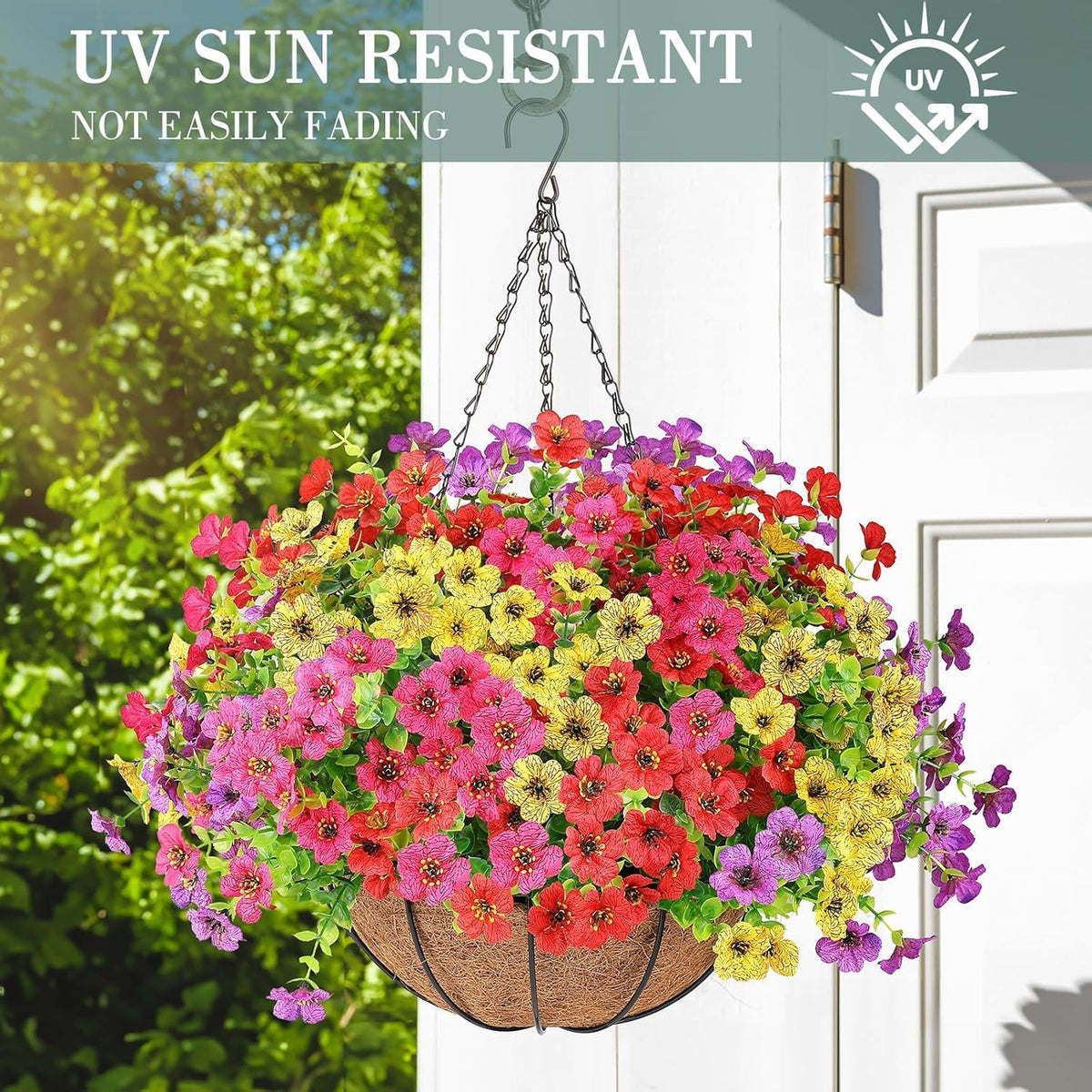 agirl 2 set artificial hanging flowers with baskets, side view