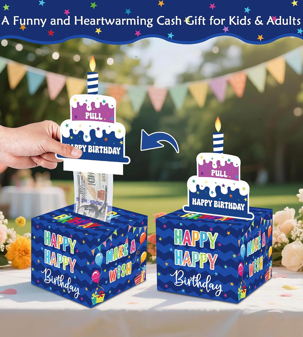 Birthday Money Box for Cash Gift Pull, Surprise Gift Boxes for Money, Money Holder Box with Pull Out Happy Birthday Card and 50Pcs Transparent Bags, Money Gift Ideas for Kids and Adults
