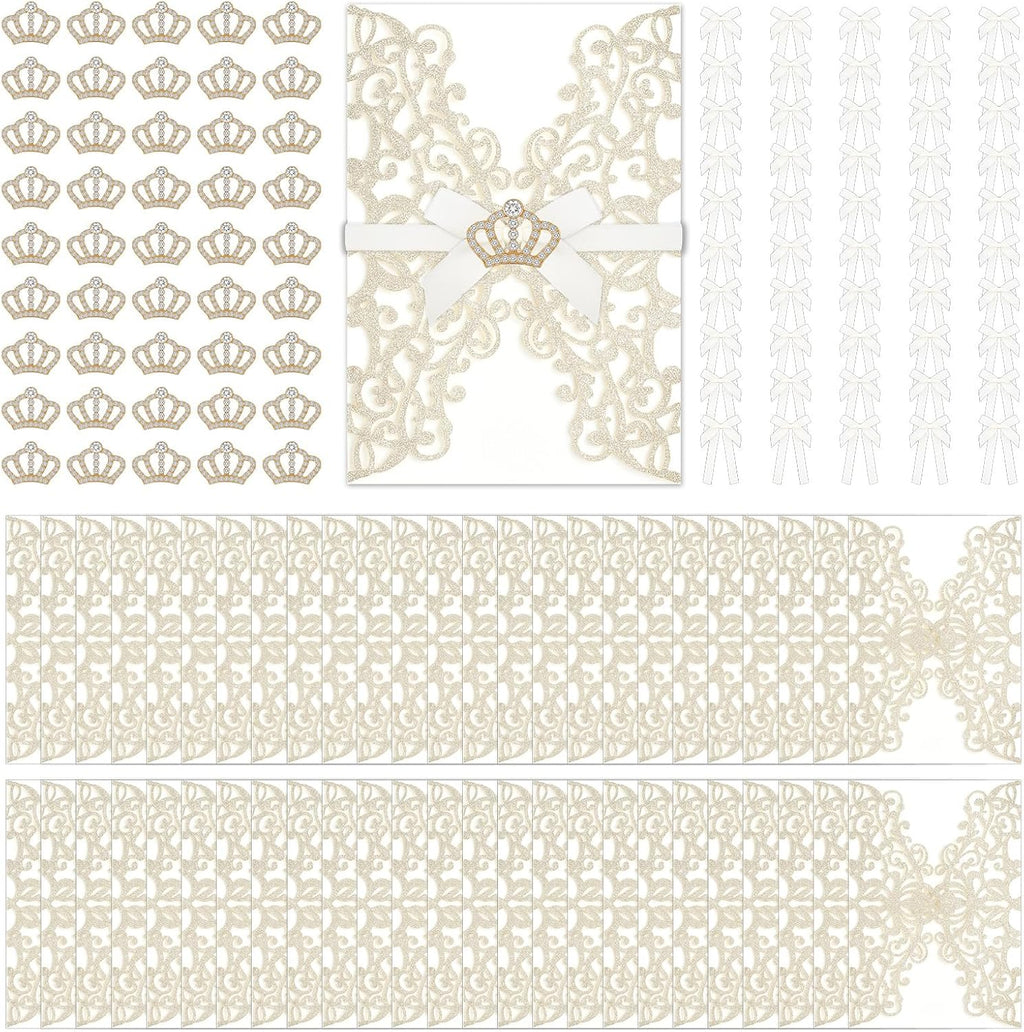 Affrolling 50 Set 5x7 Inch Wedding Invitation Sleeves Quinceanera Invitations Gold Laser Cut Invitation Sleeves with Mini Crowns and Butterfly Ribbons for Sweet 16 Birthday Invitations Girl