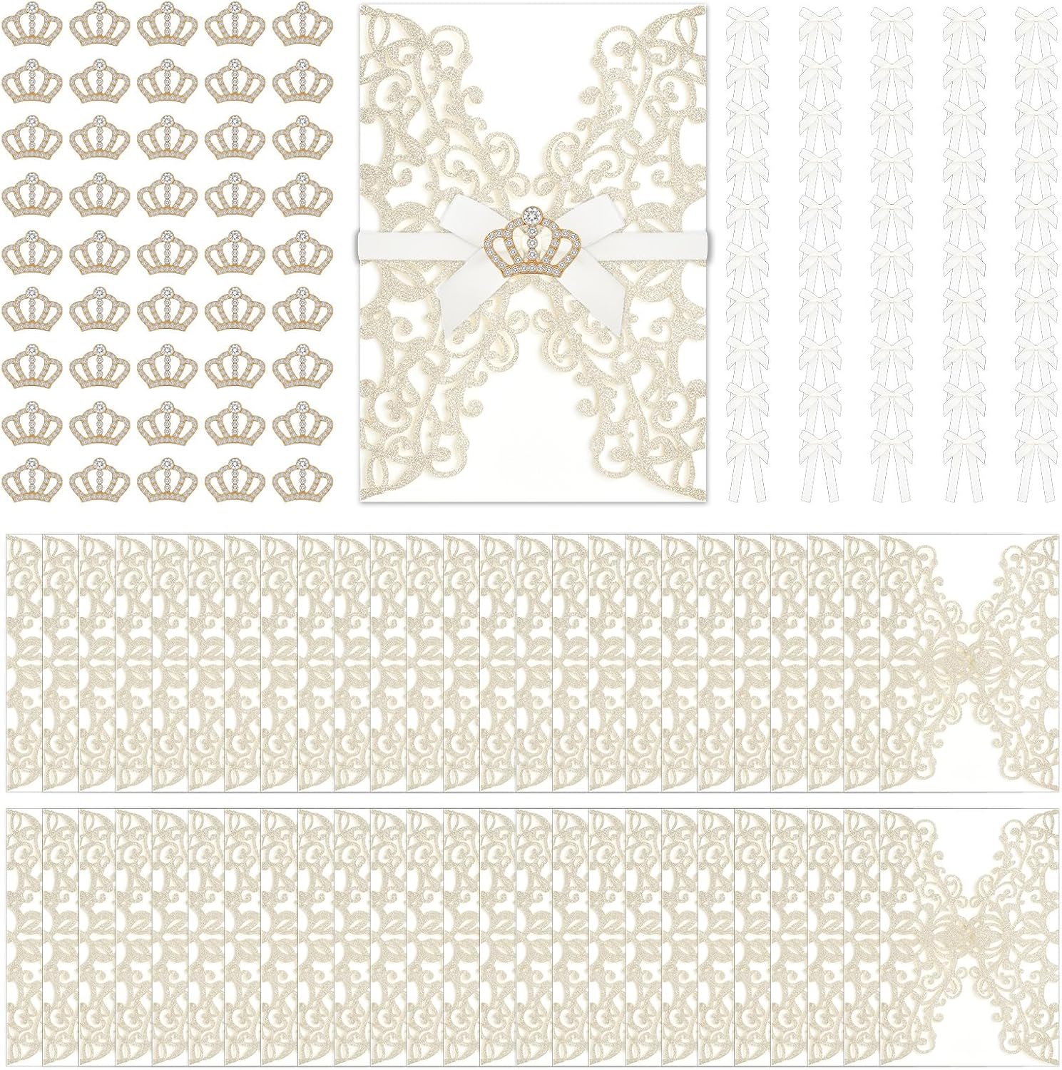 Affrolling 50 Set 5x7 Inch Wedding Invitation Sleeves Quinceanera Invitations Gold Laser Cut Invitation Sleeves with Mini Crowns and Butterfly Ribbons for Sweet 16 Birthday Invitations Girl