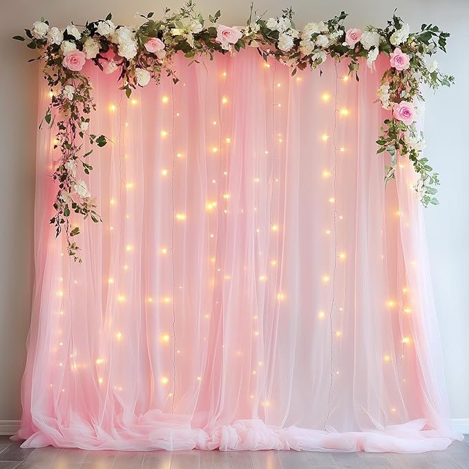 Tulle Backdrop Curtain with Lights String 10FT X 8FT Pink Sheer Tulle Backdrop Curtains for Wedding Birthday Party Reception Photo Booth Background Decorations (2 Panels 5x8FT)