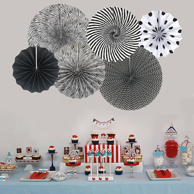 Party Hanging Paper Fans Set, Black Round Pattern Paper Garlands Decoration for Birthday Wedding Graduation Events Accessories, Set of 6