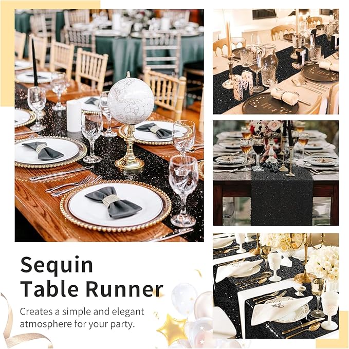 Sequin Table Runners 2 Pieces Black Table Runners 12x72Inch Glitter Dining Table Cover for Party Wedding Birthday Reception Banquet Decoration Halloween Party Chair Sashes