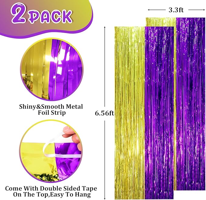 2 Pack Purple and Gold Foil Fringe Backdrop Curtains, Tinsel Streamers Party Decorations, Fringe Backdrop, Door Shimmer for Graduation or Birthday Party