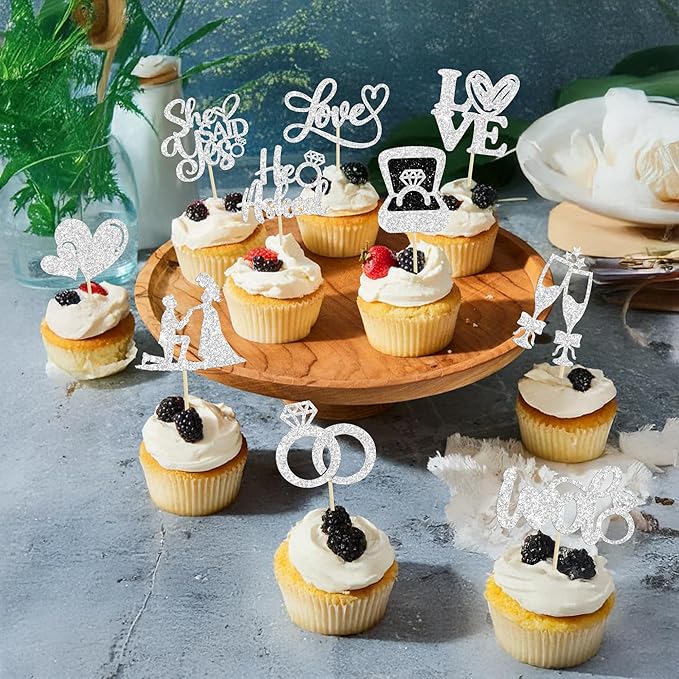 Ephlyn 30Pcs He Asked She Said Yes Cupcake Toppers Glitter Engagement Cupcake Toppers Diamond Ring Heart Love I Do Cupcake Picks for Engagement Wedding Party Cake Decorations Silver