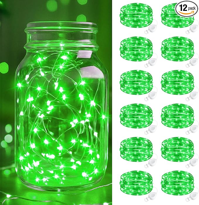 btfarm 12 Pack Fairy Lights Battery Operated, 7FT 20 LED Mini String Lights Waterproof Silver Wire for Mason Jars Centerpiece Table Crafts Bedroom Christmas Decoration, Green
