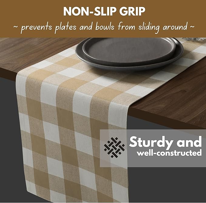 Native Fab Buffalo Check Table Runner 100% Cotton - 13x72 Inches Plaid Dining Table Decoration for Indoor Outdoor Farmhouse Home Party Decor - Beige and White