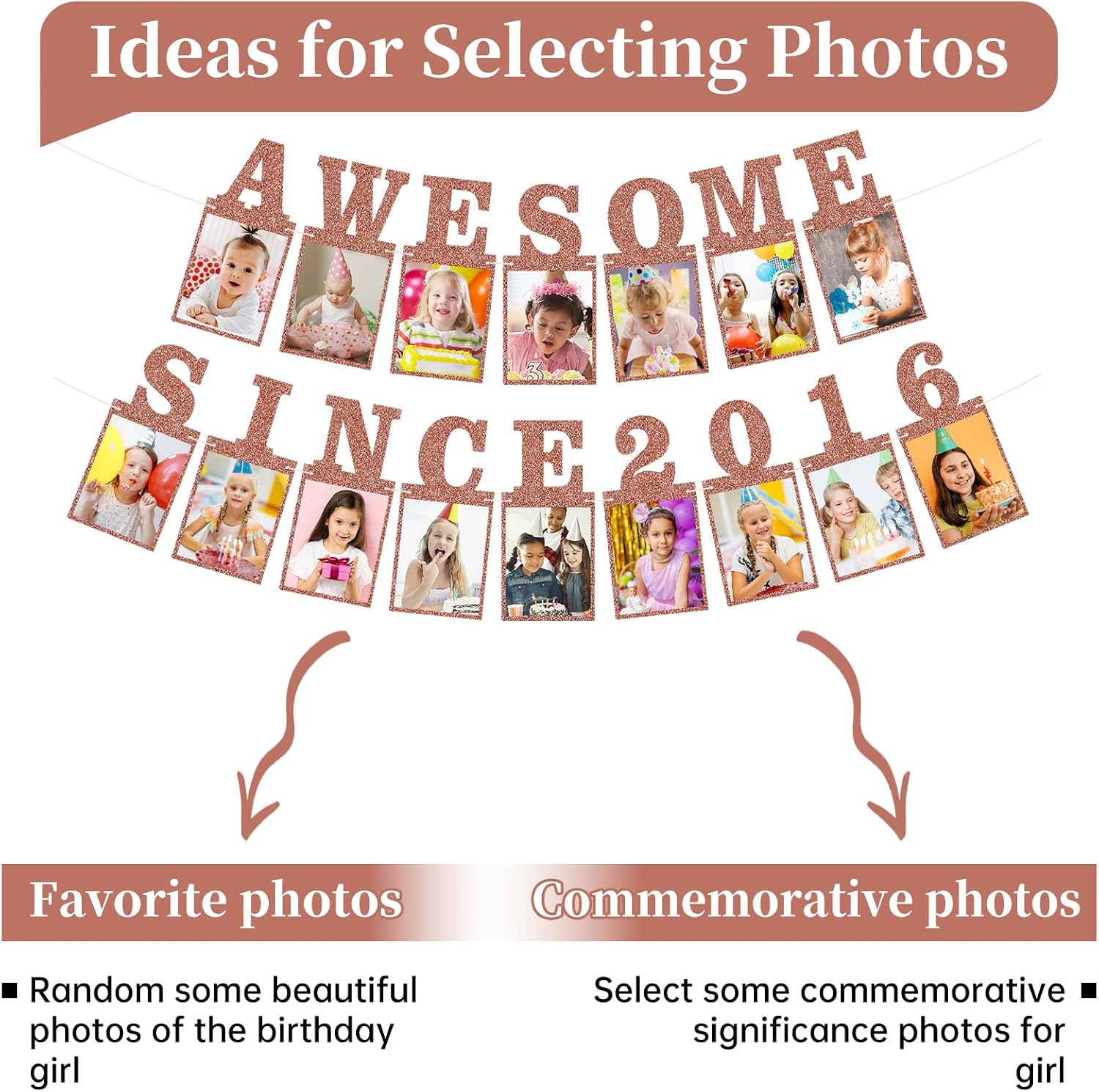 Pre-strung Awesome Since 2016 Photo Banner Birthday Decorations for Girls Women- Pink Rose Gold Glitter Happy 10th Birthday and Anniversary Decorations Party Supplies