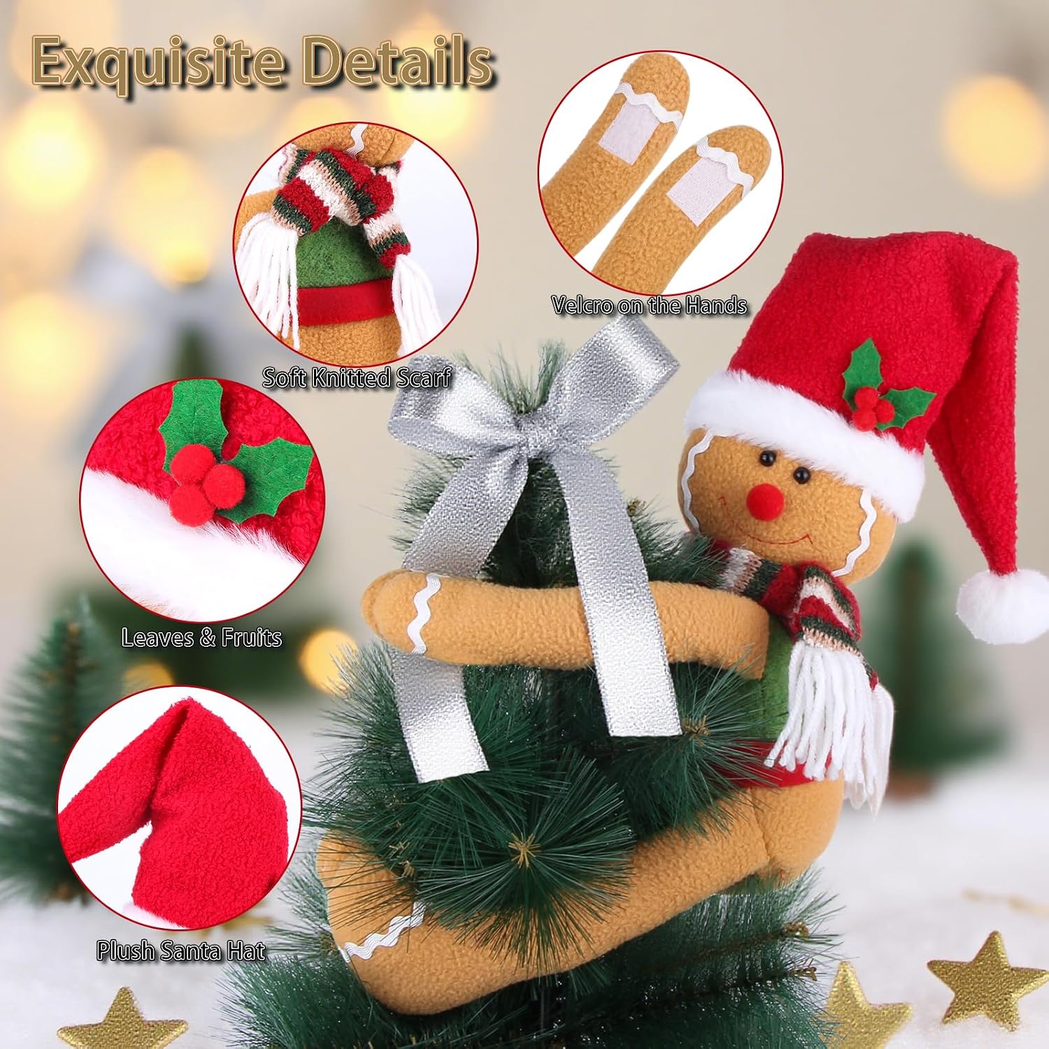 Gingerbread Man Christmas Tree Topper Decorations, Unique Funny Gingerbread Tree Topper Xmas Santa Hat Gingerbread Plush for Christmas Tree Wine Bottle Curtain Ornaments, Christmas Holiday Home Decor
