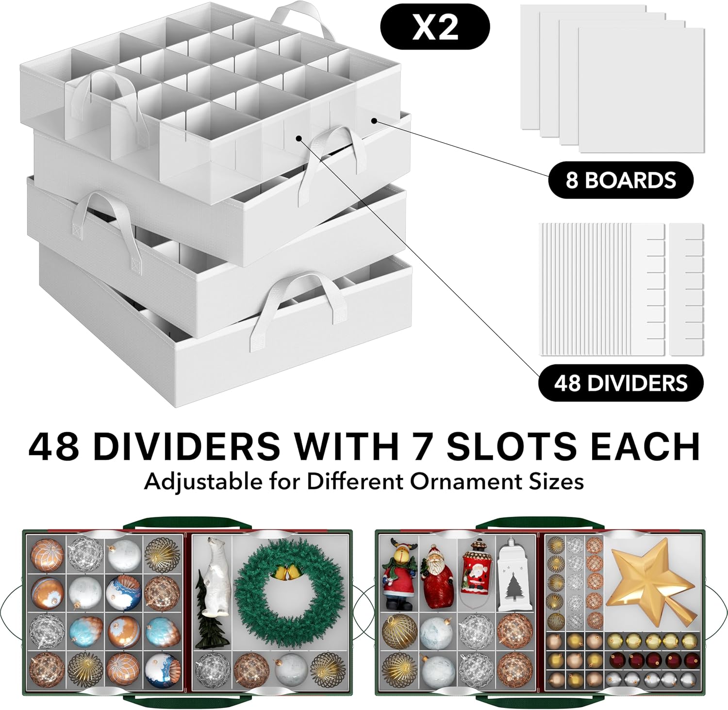 Simple Houseware Heavy-Duty Large Christmas Ornament Storage Box with Adjustable Dividers, Stores up to 128 Ornaments, Zipper Lid, Red