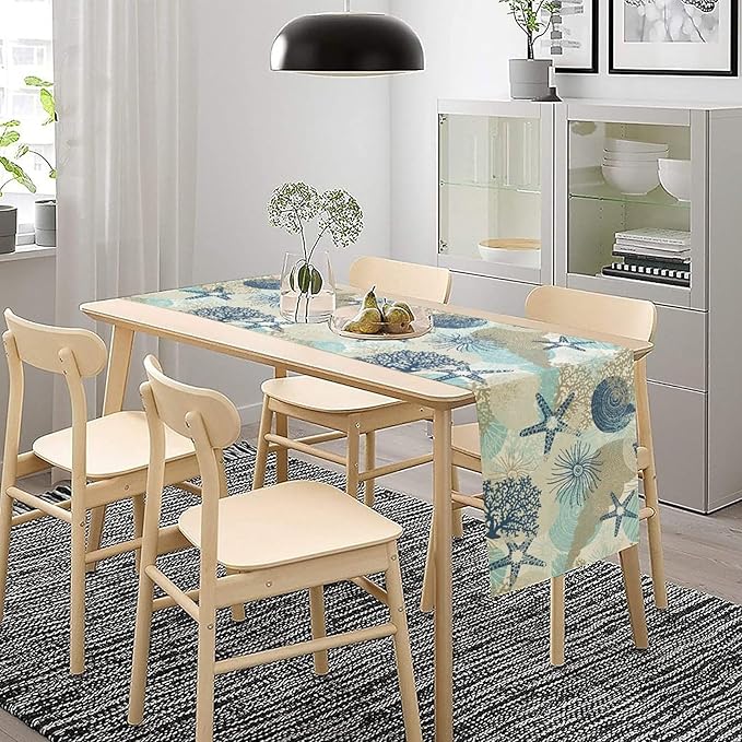 Nautical Coastal Table Runner，Ocean Themed Starfish Coral Conch Beach Kitchen Dinning Table Decoration for Indoor Outdoor Home Party Decor 13x60 Inch