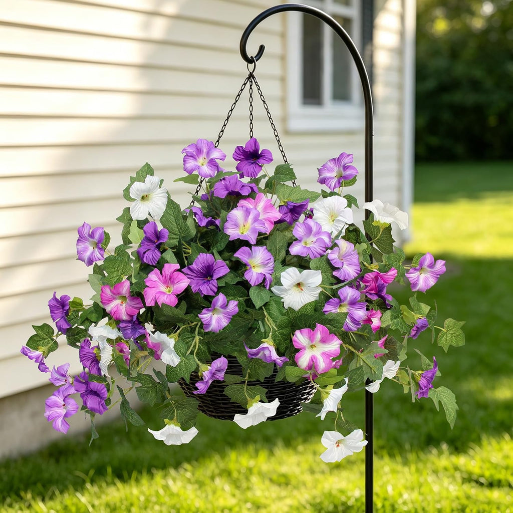 Artificial Fake Flowers Plants for Outdoor UV Resistant, 2PCS Silk Faux Petunias No Fade Summer for Outside Planter Front Door Porch Yard Patio Balcony Realistic Decoration Purple White